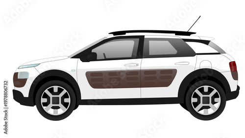 Modern white compact crossover SUV illustration with unique brown side protection.