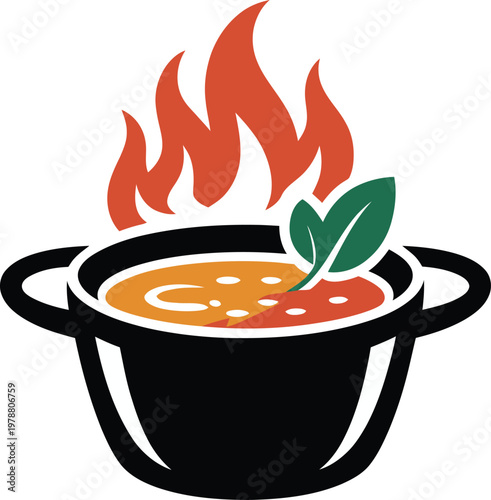 Minimalist icon of a steaming hot soup bowl with a green leaf garnish and orange flames, creative illustration for restaurant logos, healthy food menus, and cooking blogs.