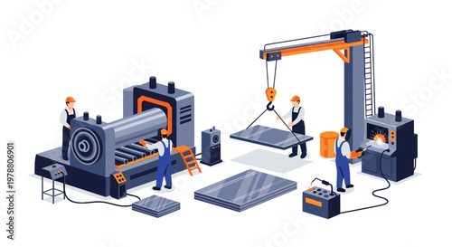 A complex isometric industrial scene depicting skilled factory workers operating heavy machinery and a large crane to process metal sheets in a facility.