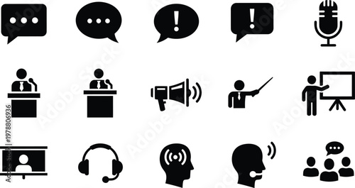 Communication and public speaking icon set for presentations and business meetings with communication, speaking