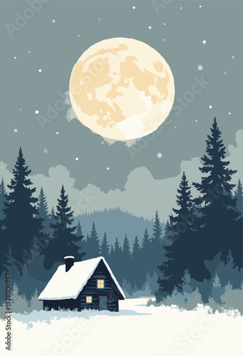 minimalist landscape simple black silhouette Aframe cabin nestled snowy forest gigantic, pale white full moon dominates dark slategrey sky Subtle watercolor texture effect moon