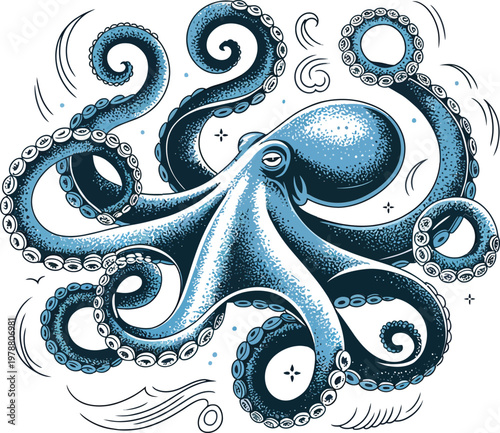 Detailed octopus ink illustration with curling tentacles and bubbles, hand drawn sea creature art for nautical themes, seafood restaurant, and oceanic conservation branding.