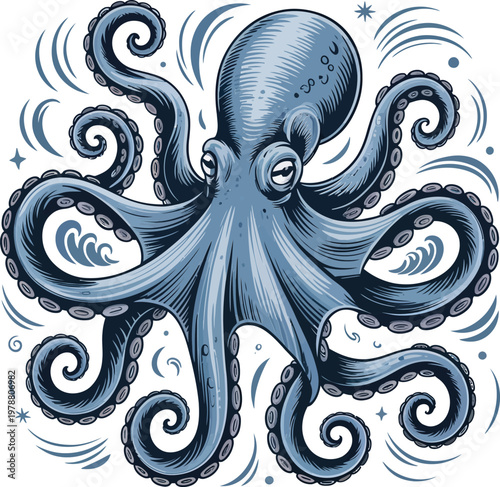 Detailed octopus ink illustration with curling tentacles and bubbles, hand drawn sea creature art for nautical themes, seafood restaurant, and oceanic conservation branding.