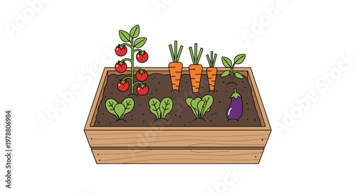 A vibrant illustration of a raised wooden garden bed filled with nutrient-rich soil and various growing vegetables like tomatoes and carrots under bright light.