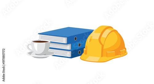 Pristine illustration featuring a glossy yellow safety helmet positioned beside a neat stack of blue professional binders and a steaming cup of dark coffee.