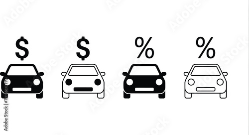 Car loan icon set, vector illustration of vehicle financing symbols with percent and dollar icons for auto loan payment rent car and buying transport concepts.