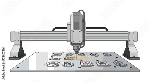 Powerful industrial gantry laser cutting system fabricating multiple complex metal components while generating a shower of bright orange sparks during the manufacturing process.
