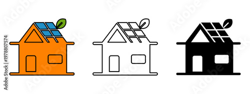 Solar Eco House Icon Set 3 style silhouette, line art, two tone icon