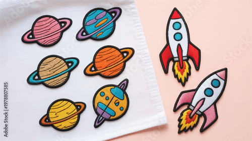 colorful cartoon planets and rockets on white and pink background
