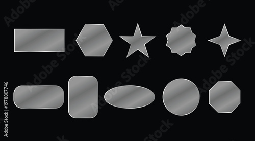 Collection of gray metallic shapes  rectangle  hexagon  star  circle  oval  various geometric forms in a row on a dark background