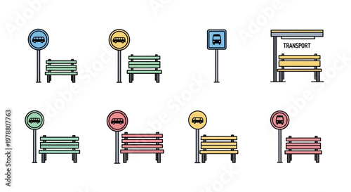 Colorful benches with traffic signs.