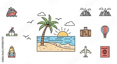 Travel icons on white background.