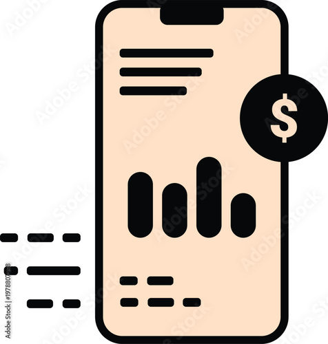 Smartphone screen with graphs and dollar sign on transparent background for finance and technology concepts