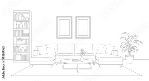 A minimalist living room features a sectional sofa coffee table bookshelf and framed artwork