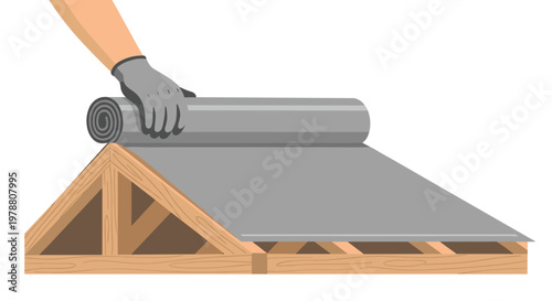 A skilled worker wearing a gray protective glove carefully rolls out a sheet of waterproof roofing membrane over a sturdy wooden triangular structure.