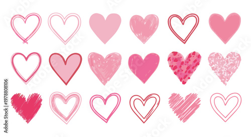 A collection of pink and red hearts on a white background