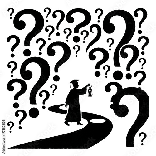 Graduating student with lantern walks a path surrounded by question marks isolated on transparent background