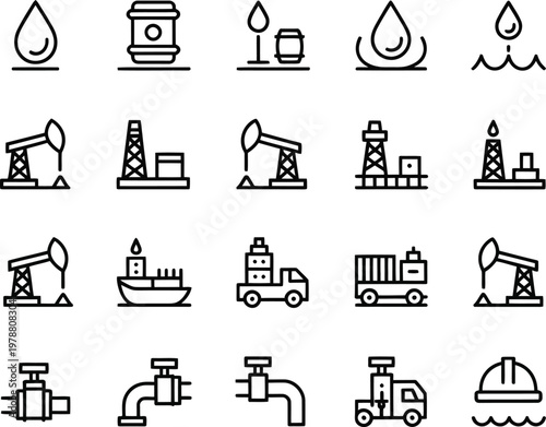 Collection of icons representing various stages of oil and gas industry operations