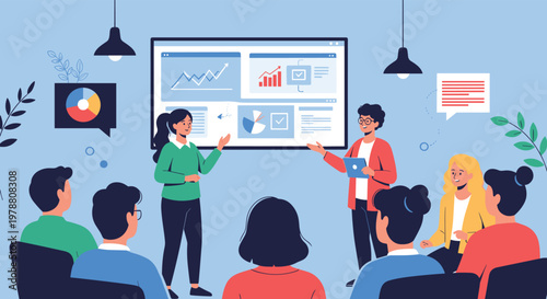 Two presenters lead a business seminar explaining complex data charts on a large screen to an audience in a bright meeting room.