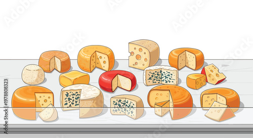 A diverse and mouthwatering assortment of whole and cut cheese wheels including blue cheese and swiss varieties rests on a light wood display counter.
