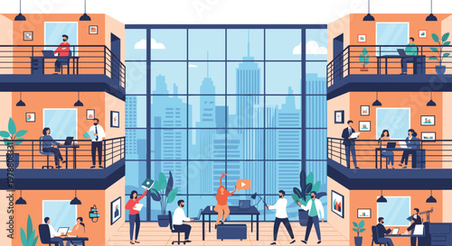 Modern office building with multiple balconies shows employees working in their individual workspaces with a city view background.