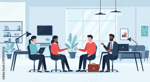 Business colleagues sit in a circle in a contemporary office space having an important group discussion and meeting together.