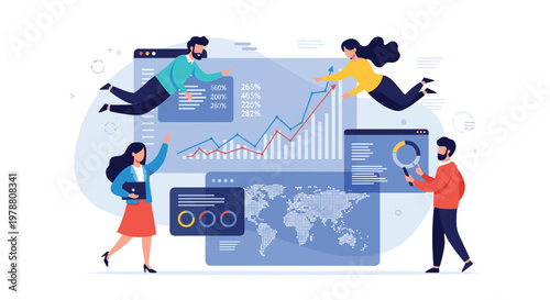 Group of diverse professionals flying through the air while analyzing business data and statistics on floating digital screens.