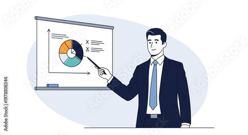 Successful businessman in a suit uses a pointer to explain a colorful pie chart during a formal corporate board presentation.