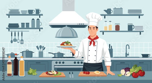 Professional male chef wearing a white uniform and hat presents a gourmet dish in a clean and well-organized commercial kitchen.