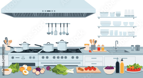 Modern commercial kitchen interior featuring a professional stove, cooking utensils, and fresh vegetables on the counter.