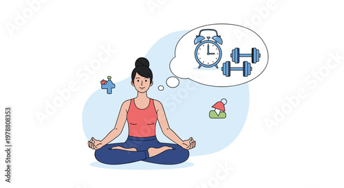 Young woman finds inner peace while practicing yoga and thinking about her fitness goals including daily exercise routines.