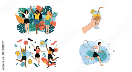 Vibrant collage showing diverse people enjoying various summer activities such as running, dancing, and drinking cocktails.