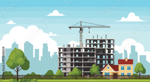 Busy construction site features a large crane building a modern apartment complex near a residential house and green trees.