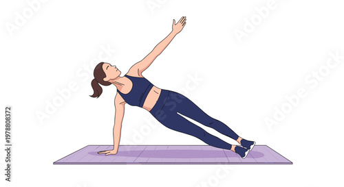 Fit young woman performs a side plank pose on a purple yoga mat to improve her core strength and overall fitness levels.