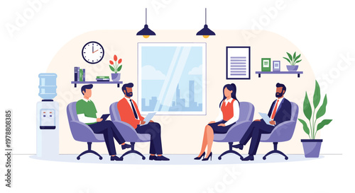 Group of diverse business candidates wait patiently for an interview in a modern office lobby with comfortable seating.