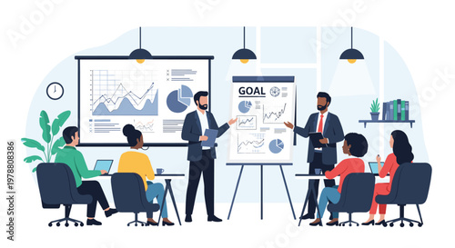 Business team collaborates during a strategic meeting while looking at various financial charts and goal-oriented posters.
