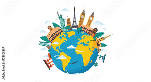Detailed illustration of planet earth surrounded by famous world landmarks including the Eiffel Tower and Statue of Liberty.