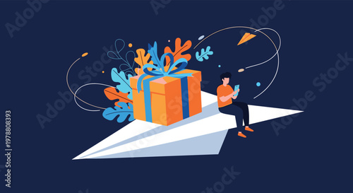 Imaginative scene shows a man sitting on a giant paper airplane carrying a large gift box through a dark blue sky.