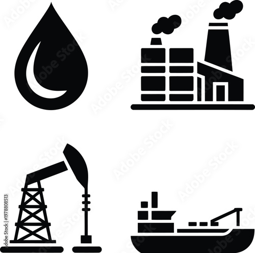 Key elements and icons representing the oil industry and energy production processes