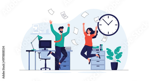 Businessman and businesswoman jumping for joy in modern office celebrating business success with flying papers and clock in background.