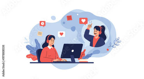 Customer service support team members working with headsets communicating with clients through digital icons and chat bubbles.