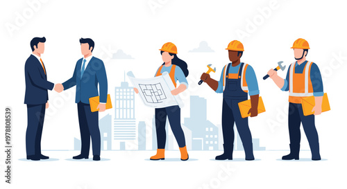 Businessmen shaking hands with construction engineers and workers standing together against a city skyline background illustration.