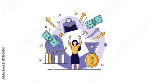 Successful businesswoman celebrating financial growth and career achievements with money bag medal and rising bar graphs.
