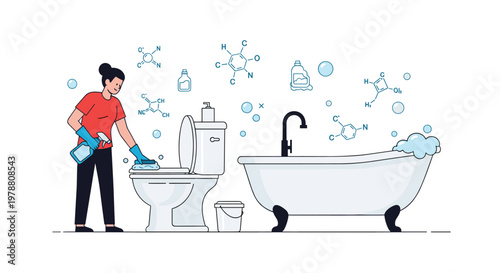 Woman wearing gloves cleaning toilet and bathtub in bathroom with floating chemical formulas representing hygienic cleaning products.