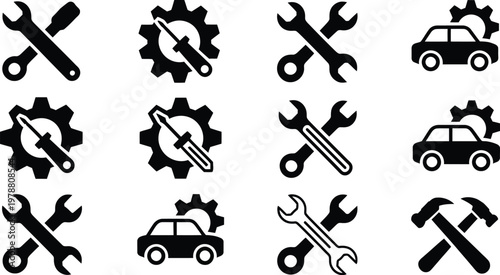 Car service icon set, vector illustration of automotive repair tools engine diagnostics garage symbols and maintenance icons for mechanic and service center design.
