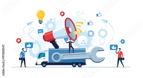 Marketing and logistics concept with large megaphone on delivery truck and business professionals holding like and feedback icons.