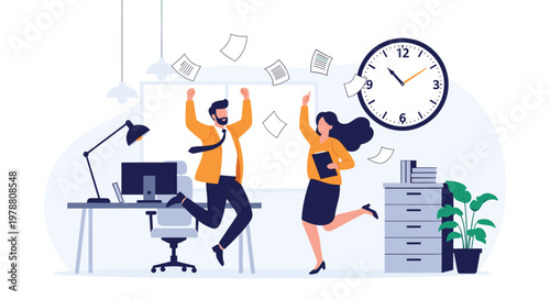 Happy office workers jumping for joy in workplace after successful project completion with documents flying and large clock background.