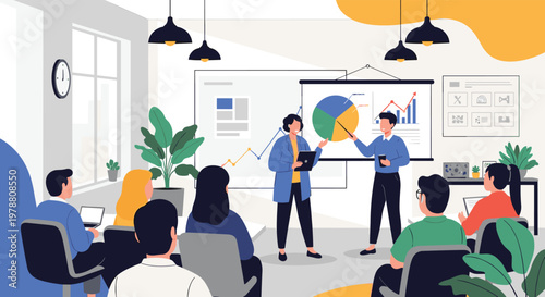 Business professionals attending a seminar in modern office where speakers present data analysis on whiteboard and screen.