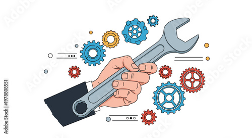 Hand of businessman holding large wrench surrounded by colorful gears and mechanism symbols representing technical support and repair.