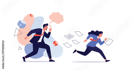 Angry businessman shouting and chasing after businesswoman who is running away with papers flying in the air behind her.